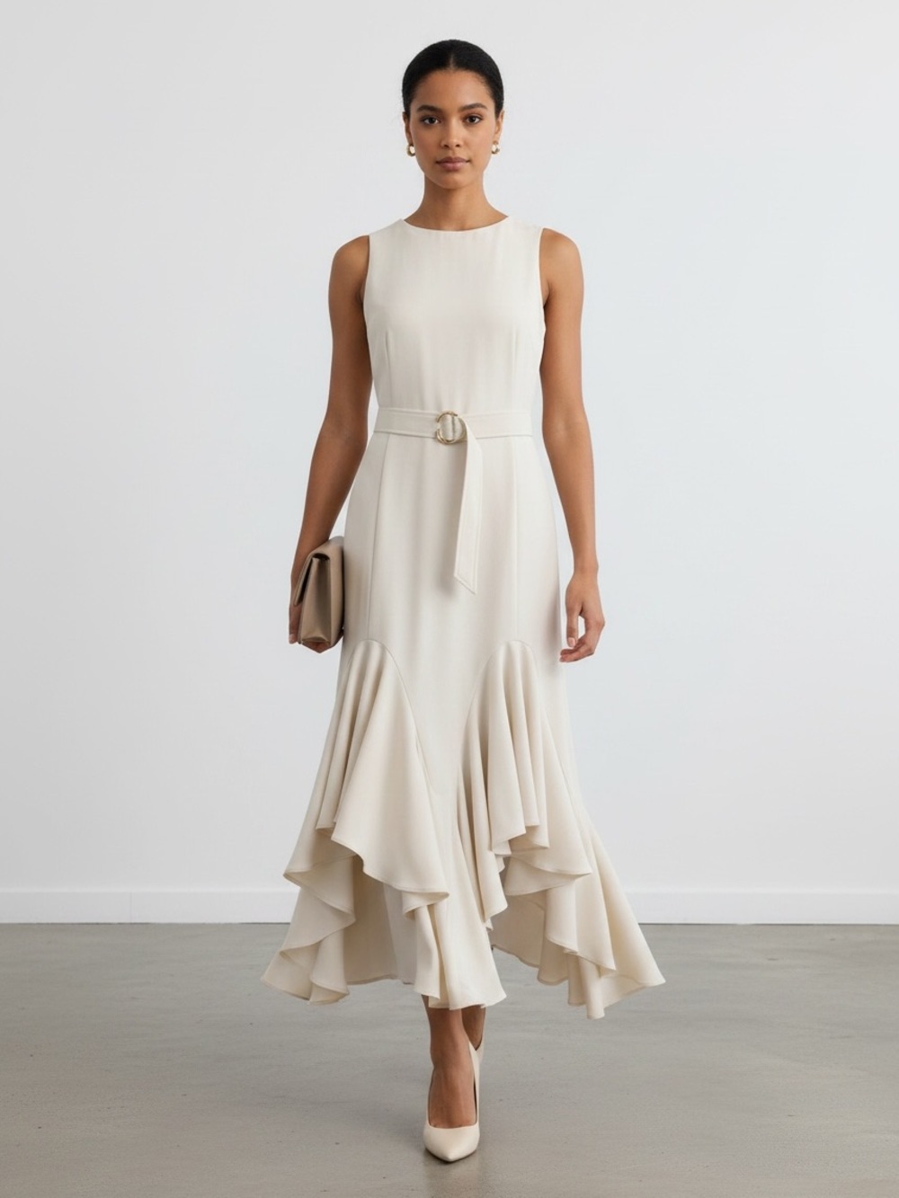 1485 • Cream Godet Flounce Varied Hem Sleeveless Belted Dress